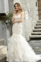 Elegant V-Neck Mermaid Bridal Gown Tulle Lace Appliques Puffy Wedding Dress by misshow.com