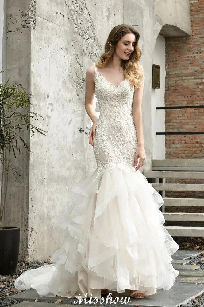 Elegant V-Neck Mermaid Bridal Gown Tulle Lace Appliques Puffy Wedding Dress by misshow.com