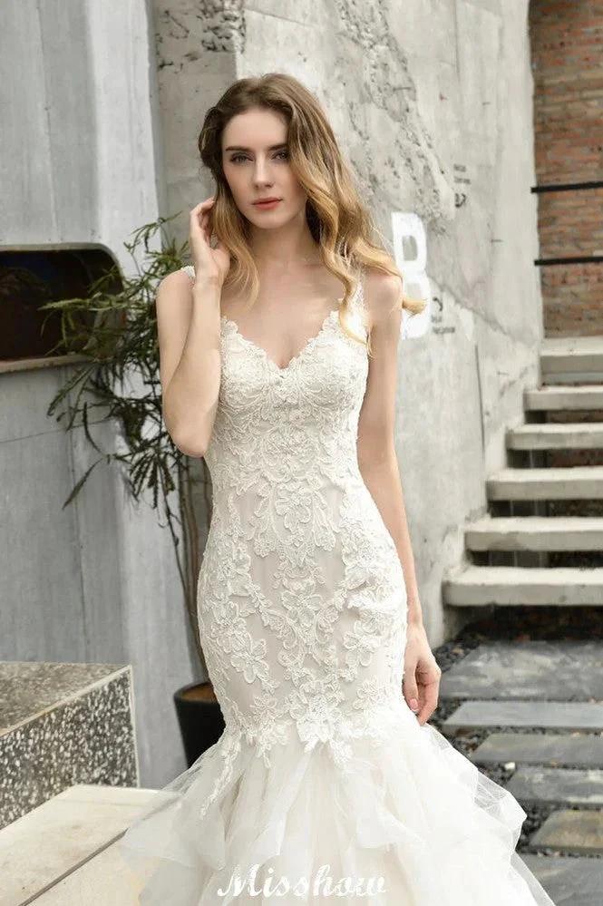 Elegant V-Neck Mermaid Bridal Gown Tulle Lace Appliques Puffy Wedding Dress by misshow.com