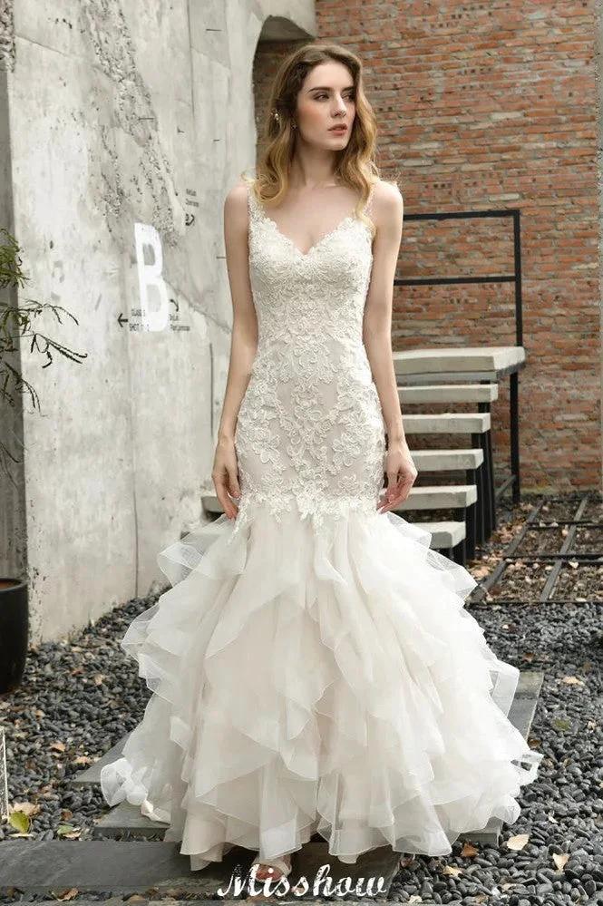 Elegant V-Neck Mermaid Bridal Gown Tulle Lace Appliques Puffy Wedding Dress by misshow.com