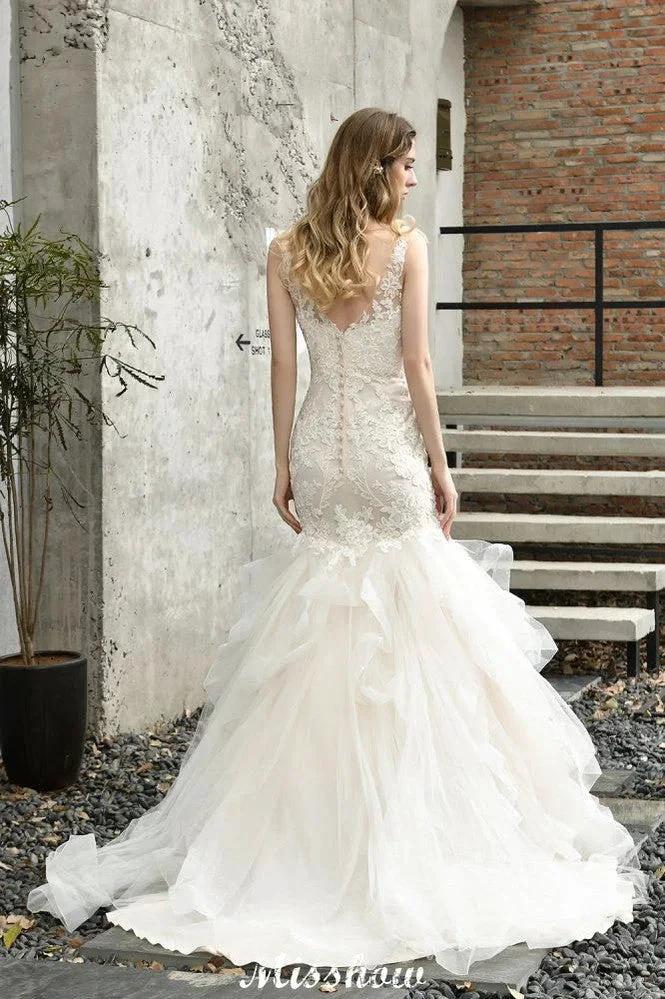 Elegant V-Neck Mermaid Bridal Gown Tulle Lace Appliques Puffy Wedding Dress by misshow.com