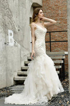 Elegant V-Neck Mermaid Bridal Gown Tulle Lace Appliques Puffy Wedding Dress by misshow.com