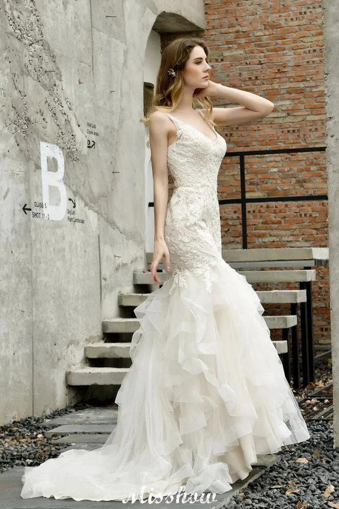 Elegant V-Neck Mermaid Bridal Gown Tulle Lace Appliques Puffy Wedding Dress by misshow.com
