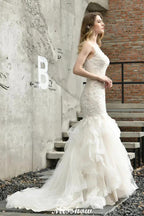 Elegant V-Neck Mermaid Bridal Gown Tulle Lace Appliques Puffy Wedding Dress by misshow.com