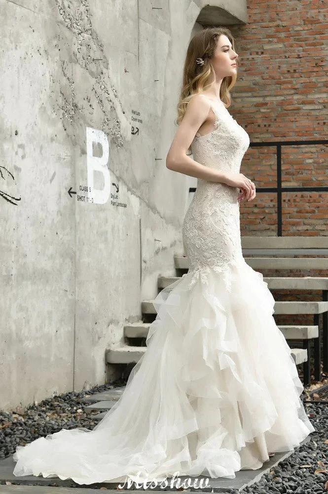 Elegant V-Neck Mermaid Bridal Gown Tulle Lace Appliques Puffy Wedding Dress by misshow.com