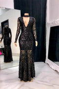 Elegant V-neck Mermaid Long Sleeves Prom Dress With Applique by misshow.com