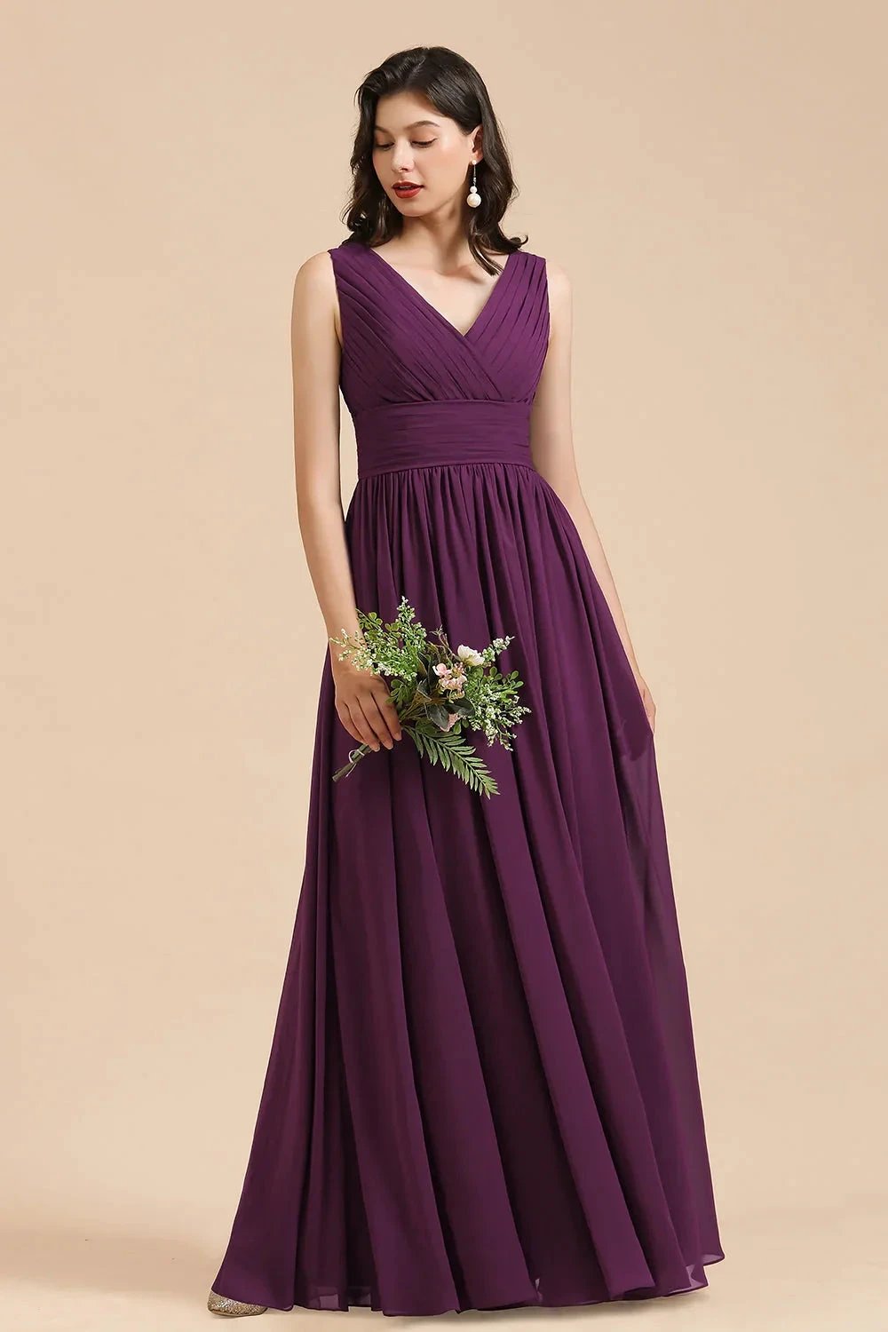 Elegant V-Neck Ruffle A-line Chiffon Lace Bridesmaid Dresses by misshow.com