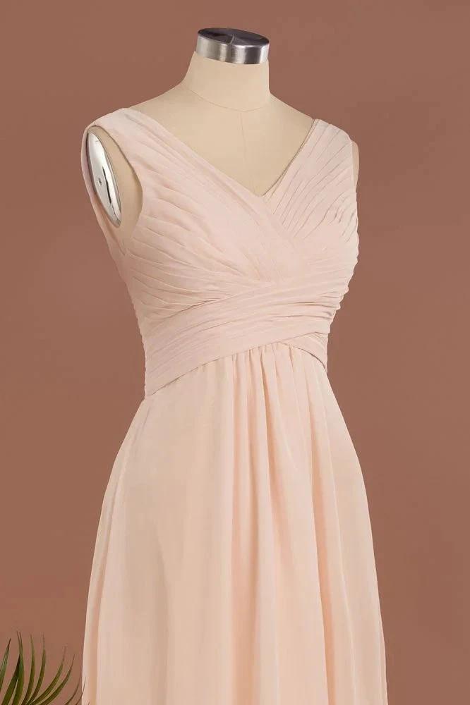 Elegant V-Neck Ruffles Simple Formal Dresses | A-Line Sleeveless Chiffon Evening Dresses by misshow.com