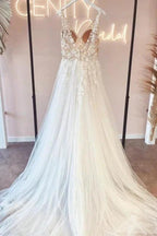 Elegant v-neck sleeveless a-line backless lace Wedding dresses by misshow.com