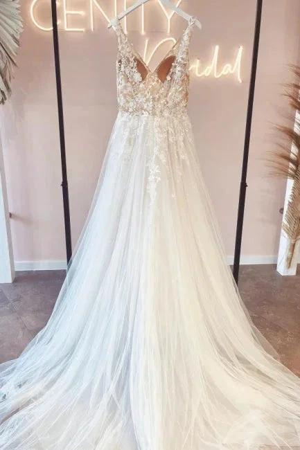 Elegant v-neck sleeveless a-line backless lace Wedding dresses by misshow.com