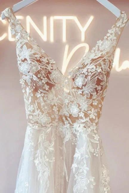 Elegant v-neck sleeveless a-line backless lace Wedding dresses by misshow.com