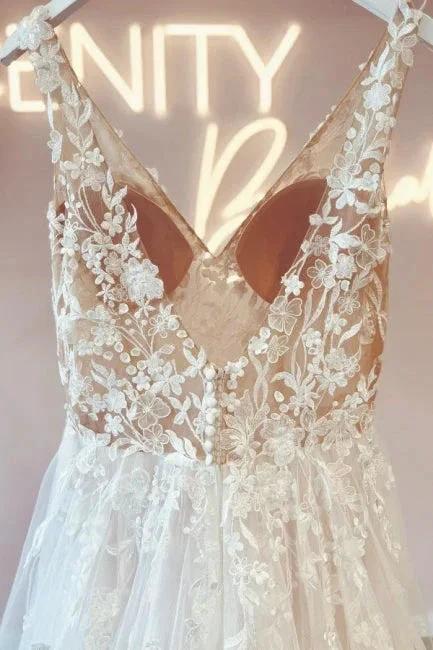 Elegant v-neck sleeveless a-line backless lace Wedding dresses by misshow.com