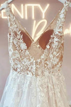 Elegant v-neck sleeveless a-line backless lace Wedding dresses by misshow.com
