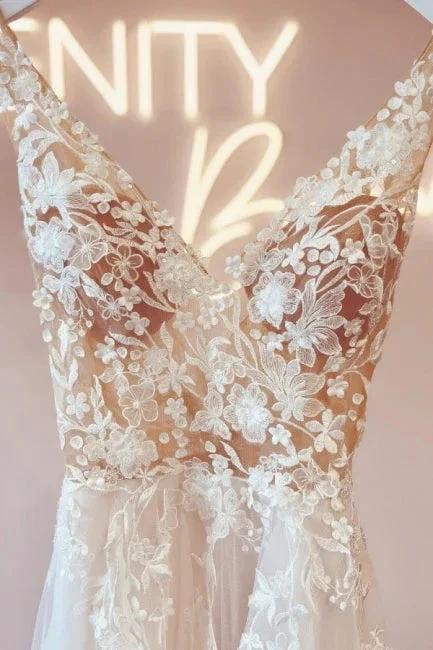 Elegant v-neck sleeveless a-line backless lace Wedding dresses by misshow.com