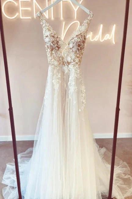 Elegant v-neck sleeveless a-line backless lace Wedding dresses by misshow.com