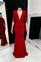 Elegant V-neck Sleeveless Mermaid Prom Dress With Tassels by misshow.com