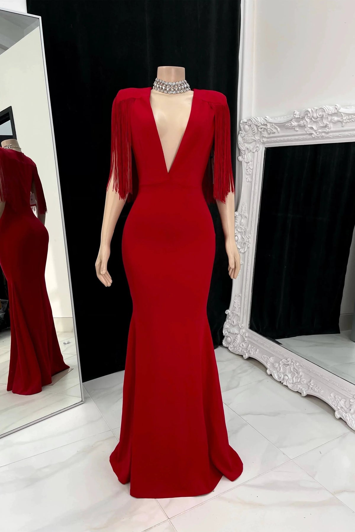 Elegant V-neck Sleeveless Mermaid Prom Dress With Tassels by misshow.com