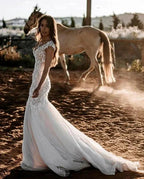 Elegant V-neck Sleeveless Mermaid Wedding Dresses with Lace by misshow.com