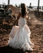 Elegant V-neck Sleeveless Mermaid Wedding Dresses with Lace by misshow.com