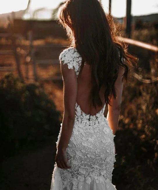 Elegant V-neck Sleeveless Mermaid Wedding Dresses with Lace by misshow.com