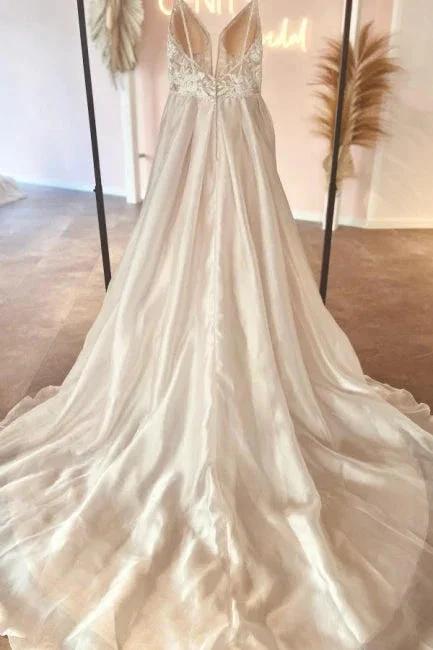 Elegant v-neck spaghetti straps sleeveless a-line lace Wedding dresses by misshow.com