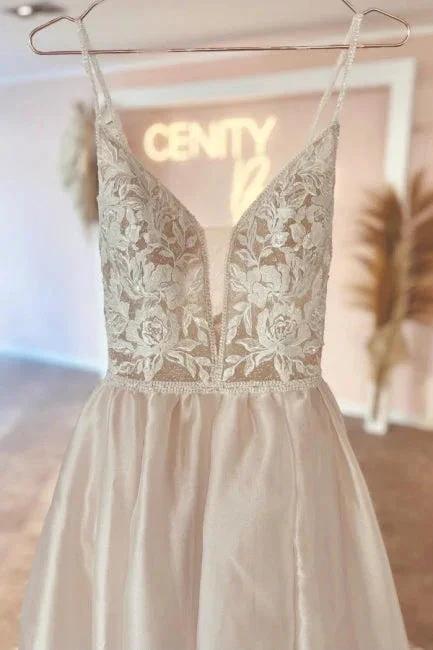 Elegant v-neck spaghetti straps sleeveless a-line lace Wedding dresses by misshow.com