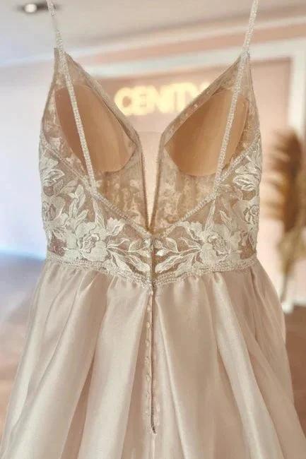 Elegant v-neck spaghetti straps sleeveless a-line lace Wedding dresses by misshow.com