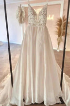 Elegant v-neck spaghetti straps sleeveless a-line lace Wedding dresses by misshow.com