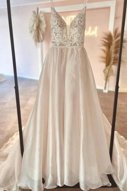 Elegant v-neck spaghetti straps sleeveless a-line lace Wedding dresses by misshow.com