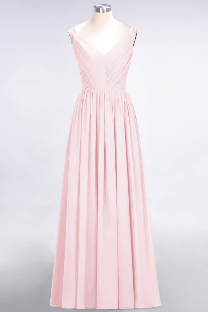 Elegant V-Neck Strap Backless Ruffles Chiffon Floor-Length Bridesmaid Dress