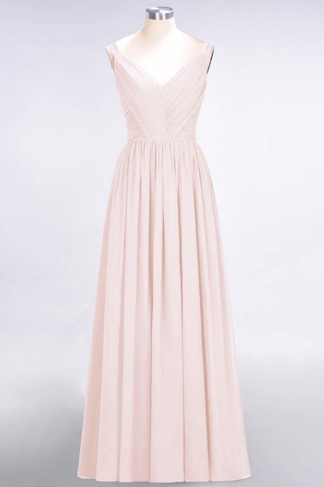 Elegant V-Neck Strap Backless Ruffles Chiffon Floor-Length Bridesmaid Dress