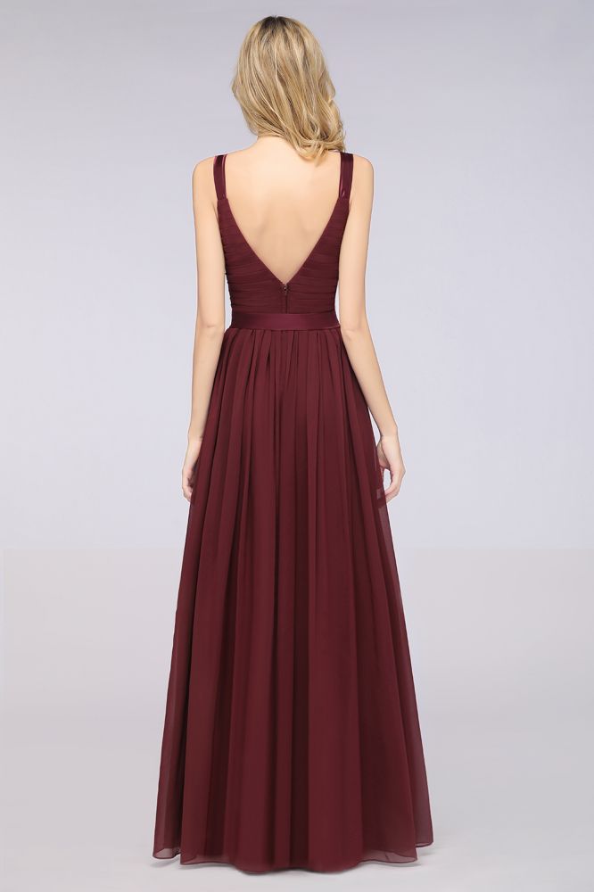 Elegant V-Neck Strap Backless Ruffles Chiffon Floor-Length Bridesmaid Dress