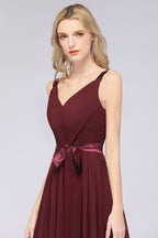 Elegant V-Neck Strap Backless Ruffles Chiffon Floor-Length Bridesmaid Dress