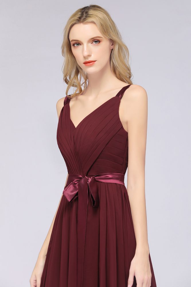 Elegant V-Neck Strap Backless Ruffles Chiffon Floor-Length Bridesmaid Dress