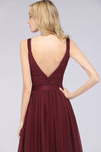 Elegant V-Neck Strap Backless Ruffles Chiffon Floor-Length Bridesmaid Dress