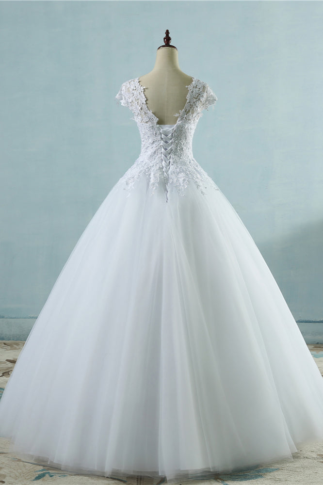 Elegant V-Neck Tull Lace White Wedding Dress Short Sleeves Appliques Bridal Gowns
