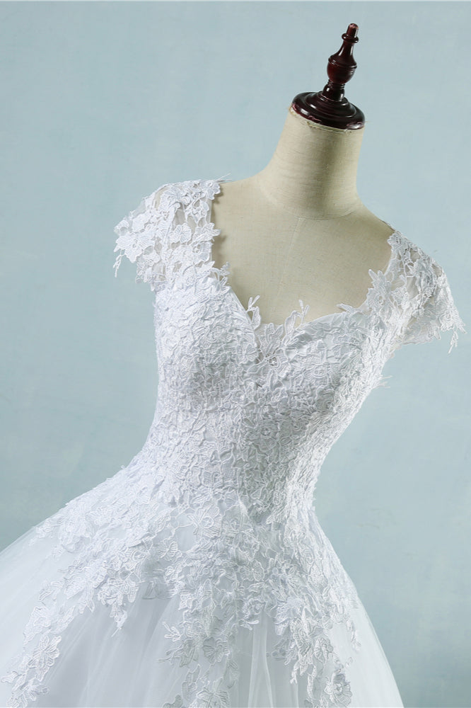 Elegant V-Neck Tull Lace White Wedding Dress Short Sleeves Appliques Bridal Gowns