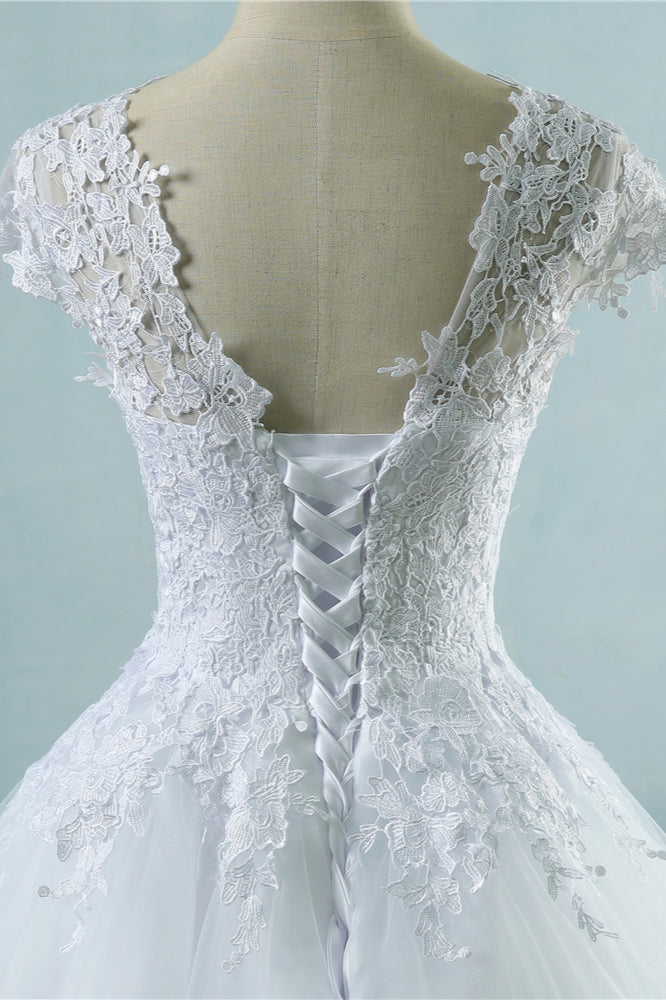 Elegant V-Neck Tull Lace White Wedding Dress Short Sleeves Appliques Bridal Gowns