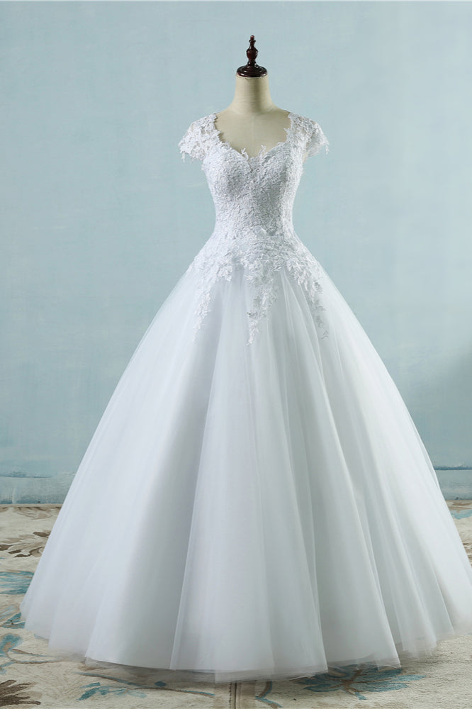 Elegant V-Neck Tull Lace White Wedding Dress Short Sleeves Appliques Bridal Gowns