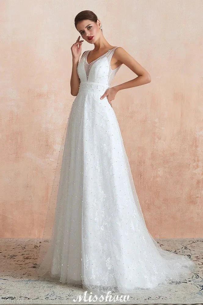 Elegant V-Neck Tulle Pearls Wedding Dress Beach Bridal Gown by misshow.com