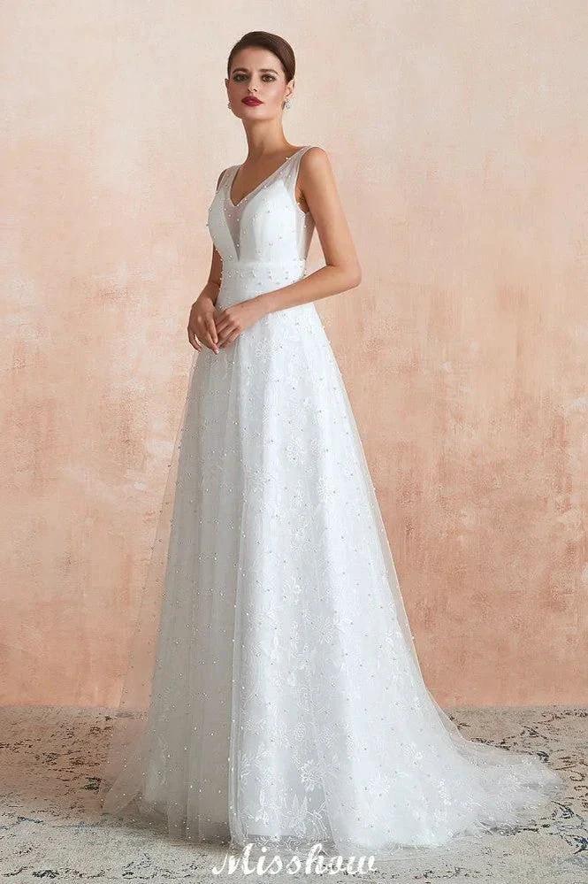Elegant V-Neck Tulle Pearls Wedding Dress Beach Bridal Gown by misshow.com