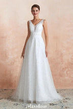 Elegant V-Neck Tulle Pearls Wedding Dress Beach Bridal Gown by misshow.com