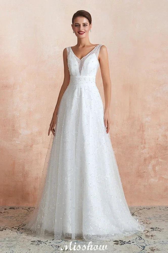Elegant V-Neck Tulle Pearls Wedding Dress Beach Bridal Gown by misshow.com