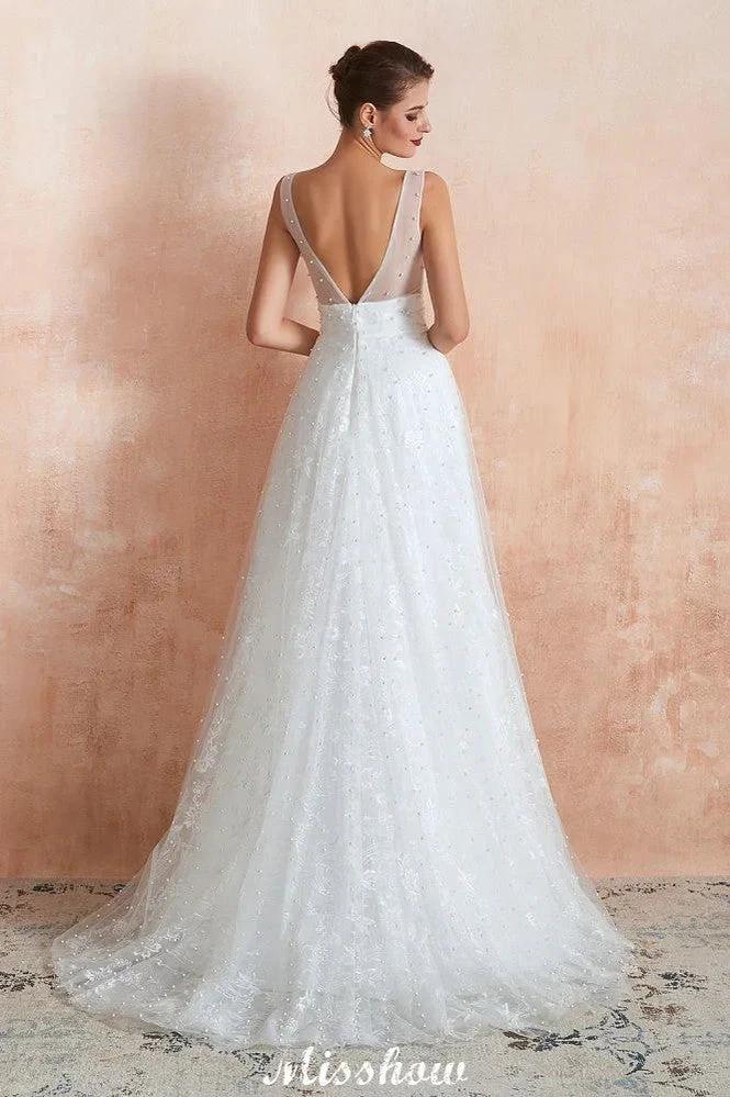 Elegant V-Neck Tulle Pearls Wedding Dress Beach Bridal Gown by misshow.com