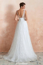 Elegant V-Neck Tulle Pearls Wedding Dress Beach Bridal Gown by misshow.com