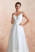 Elegant V-Neck Tulle Pearls Wedding Dress Beach Bridal Gown by misshow.com