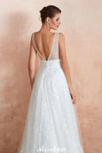 Elegant V-Neck Tulle Pearls Wedding Dress Beach Bridal Gown by misshow.com