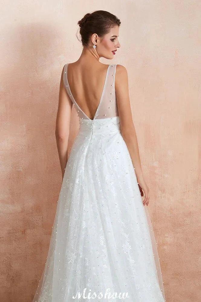 Elegant V-Neck Tulle Pearls Wedding Dress Beach Bridal Gown by misshow.com