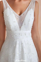 Elegant V-Neck Tulle Pearls Wedding Dress Beach Bridal Gown by misshow.com