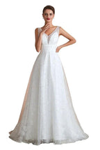 Elegant V-Neck Tulle Pearls Wedding Dress Beach Bridal Gown by misshow.com